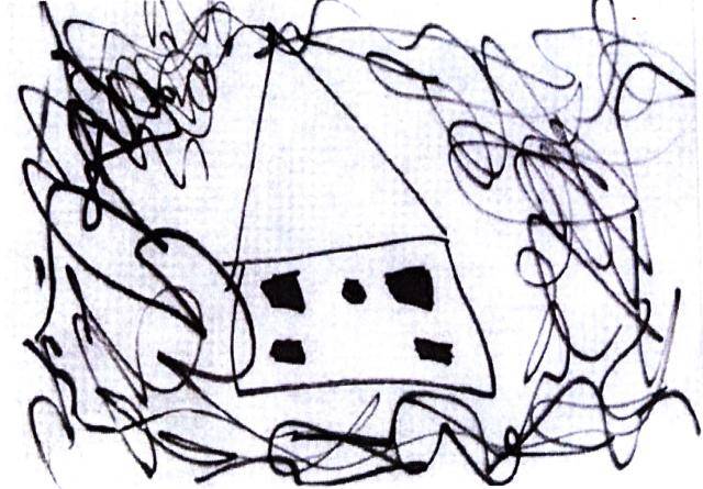 폭력 가정에서 자란 7세 여자 아이의 그림. 집이 거친 소용돌이 속에 둘러싸여 있다.