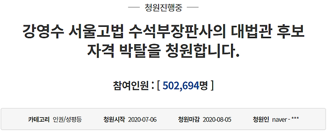 14일 청와대 국민청원 게시판에 따르면 지난 6일 올라온 '강영수 서울고법 수석부장판사의 대법관 후보 자격 박탈을 청원합니다'는 청원에 이날 오후 1시50분 기준 50만2694명이 동의했다. /사진=청와대 국민청원 게시판 캡처