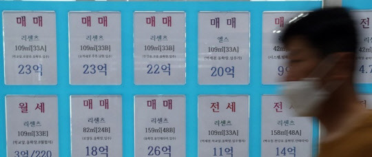한 시민이 부동산공인중개업소 앞을 지나가고 있다. 공인중개업소 게시판에 아파트 급매물 시세가 빼곡히 걸려 있다.<연합뉴스>