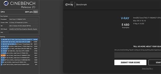 시네벤치 R20(좌) 기준 2011점, 브이레이(우) 기준 5,680점을 획득했다. 출처=IT동아