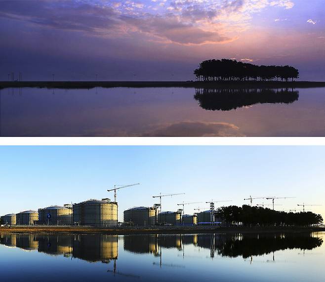 강원도 삼척시 원덕읍에 있는 솔섬 풍경. 2007년 사진작가 마이클 케나가 찍은 사진으로 유명해진 솔섬은 이후 사진가와 삼척 관광객들의 필수 코스가 됐다. 하지만 솔섬 뒤로 세계 최대 규모를 자랑하는 엘엔지 생산기지 저장탱크가 들어선 뒤로 아무도 찾지 않는 곳이 됐다. 엘엔지 생산기지가 들어서기 전(사진 위)과 후의 솔섬 모습. 사진가 박태수씨 제공