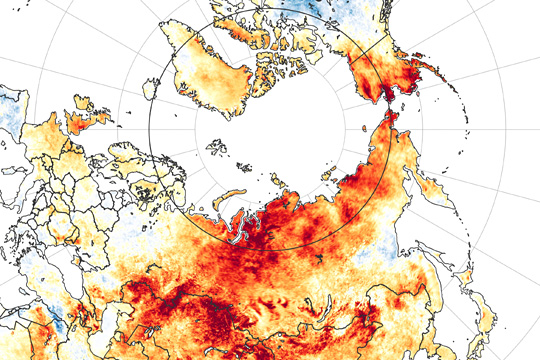 지난 3월 19일부터 6월 20일까지의 지표면 기온 이상을 보여주는 위성사진. 나사(미 항공우주국)가 공개한 이 사진에서 빨간색이 표시된 영역의 경우에는 2003∼2018년 사이의 같은 기간 평균보다 기온이 더 상승했다는 것을 뜻한다. 북반구에서 가장 추운 지역으로 꼽히는 시베리아 동부의 경우에는 올 들어 이상 고온 현상이 빈번하게 발생하면서 기상학자들을 놀라게 하고 있다.  연합뉴스