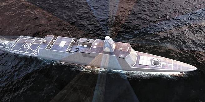 한국 최초의 국산 6000t급 스텔스 한국형 차기구축함(KDDX) 개념도. KDDX는 국산 첨단 전투체계, 레이더, 소나(음향탐지장비), 무장 등을 갖춘 해군의 차세대 주력 전투함이다.