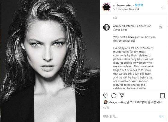 캐나다 모델 애슐리 스머터의 챌린지 억셉티드 게시물에 달린 댓글. 닉네임 '아 줄데 니즈(azuldeniz)'를 사용하는 여성은 터키에서 자행되고 있는 심각한 가정폭력을 거론하며 ’우리가 이 캠페인을 하는 이유는 터키에서 살해되지 않고 살아남았다는 것을 인증하기 위함"이라며 흑백 사진을 올리는 게 어떤 영향을 주는지 이유를 잘 모르겠다고 적었다. 사진 인스타그램 캡처
