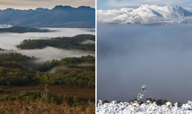 눈이 쌓이기 전인 6월 13일(왼쪽)과 눈이 쌓인 후인 8월 4일 호주 태즈메이니아의 풍경./사진=태즈메이니아 주민 인스타그램(@chelmaybell)