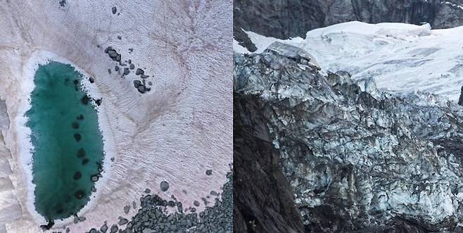 조류에 의해 흰색 눈이 분홍색으로 변해버린 알프스 빙하(사진 왼쪽)와 이번에 붕괴위험에 처한 빙하 지역