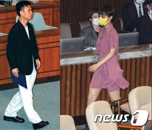 류호정 의원은 지난 4일 국회 본회의장에 동료 의원들과 약속했던 전날 복장인 '분홍 원피스'를 입고 출근했다. (사진 오른쪽) 그러자 그 다음날쯤부터 인터넷 커뮤니티 등에서 류 의원의 복장을 비난하는 글이 쏟아졌다. 본회의장에서의 정치인 복장으로 격식에 맞지 않는다는 지적들도 있었지만, 이 과정에서 류 의원을 성적 대상화하는 성희롱성 비난과 조롱이 다수 나와 눈살을 찌푸리게 만들었다. 왼쪽 사진은 지난 2003년 유시민 당시 국민개혁정당 의원이 본회의장 의원선서를 가면서 넥타이를 매지 않고 티셔츠와 남색 재킷, 흰 면바지를 입은 모습. © 뉴스1