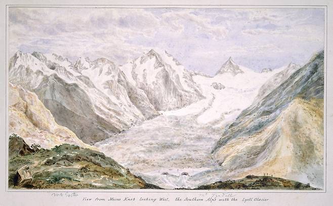 위는 1866년에 율리우스 하스트가 그린 서던 알프스 산맥의 르옐 빙하모습, 아래는 2018년 촬영한 동일 빙하의 여름 모습