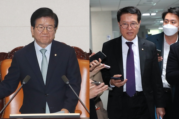 박병석 국회의장(왼), 정운천 미래통합당 의원. 뉴시스