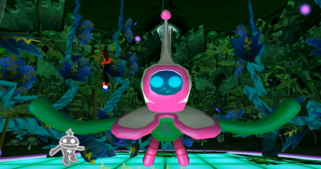 (이어 변신하는 보스. 양옆의 녹색 팔 같은 것을 말랑말랑하게 흔들어대는 모습이 매력적이다)