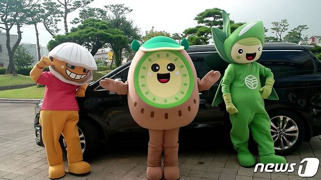 보성군 특산물 캐릭터 'BS삼총사' 꼬막몬, 키위몬, 녹차몬(왼쪽부터)© 뉴스1