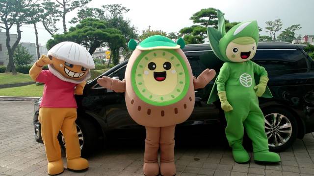 ▲보성군 캐릭터 ‘BS삼총사’ 출근길 인사로 첫 공식 일정 시작-왼쪽 부터 꼬막몬,키위몬,녹차몬(BS삼총사) ⓒ보성군