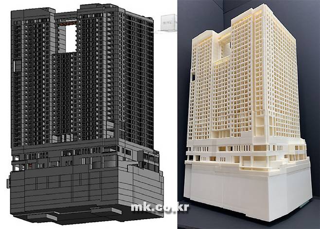 BIM 모델링 화면(왼쪽),3D 프린팅 기술로 디지털 목업 적용한 원효로 `역세권 청년주택` [자료 = 롯데건설]