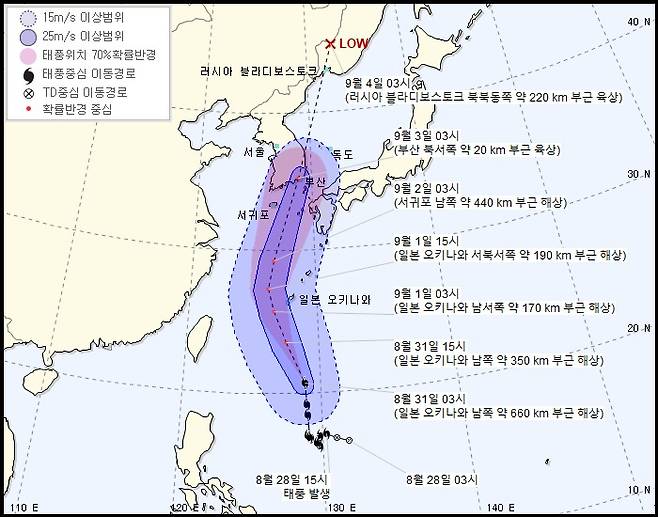 31일 오전 3시 기준 마이삭 예상경로 © 뉴스1(기상청 갈무리)