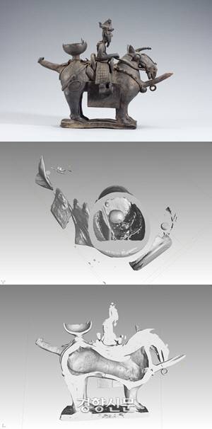 국보 제91호 기마인물형 토기의 CT 3D 이미지와 CT 단면 이미지. 깔대기 모양의 구멍 안에 물이나 술을 넣고 마시는 주전자 용도로 쓰였음을 알 수 있다. |국립중앙박물관 제공