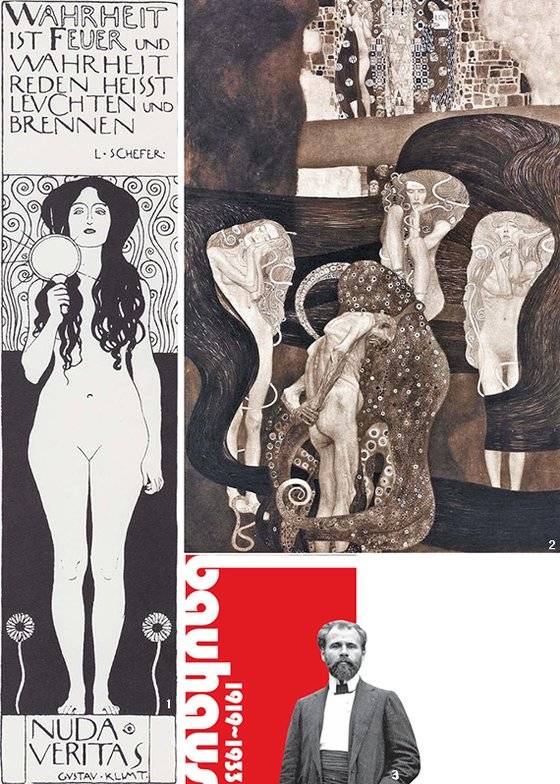 1 구스타프 클림트가 빈제체시온의 기관지 ‘베르 사크룸(Ver Sacrum·성스러운 봄)’ 1898년 창간호에 그린 ‘누다 베리타스(Nuda Veritas·벌거벗은 진실)’. 이 습작품은 이듬해 유화로 그려졌고, 현재 빈 국립도서관에 소장돼 있다. 2 클림트가 빈 대학 신관 천장에 그린 ‘철학’ ‘의학’ ‘법학’ 3부작 중 가장 늦게 완성한 ‘법학’(1903). 3 빈 모더니즘의 특징들을 온몸으로 구현한 화가 클림트. 디자인=이은영 lee.eunyoung4@joins.com