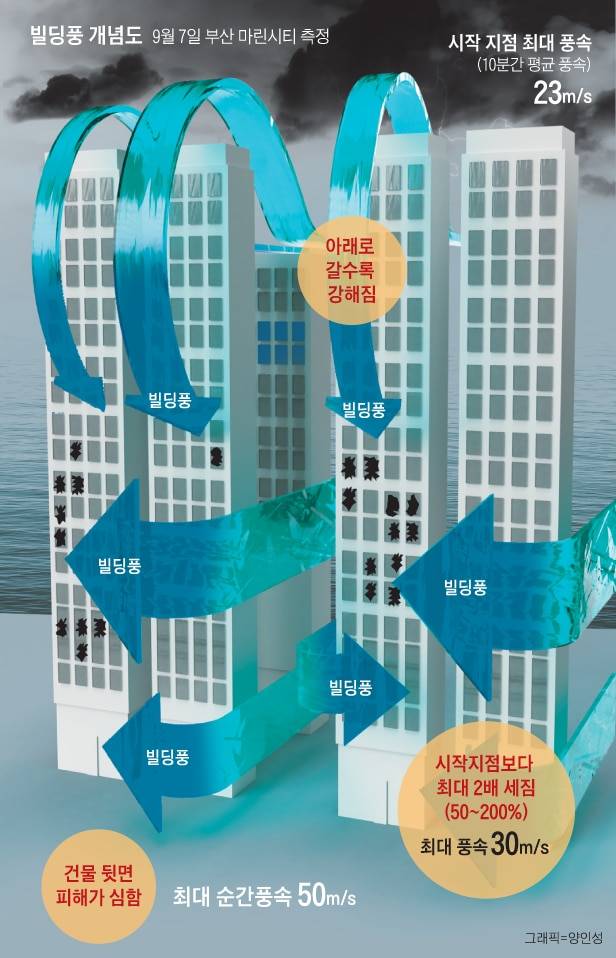 제9호 태풍 마이삭이 지나간 3일 부산 해운대구와 남구의 고층 빌딩 중 일부는 유리창이 강풍에 심하게 깨졌다. 바람이 고층 건물 사이를 통과하면서 풍속이 빨라지고 바람 방향이 변하는 빌딩풍이 피해를 키웠다. 부산대학교 권순철 교수팀에 따르면 80층짜리 아파트가 밀집한 마린시티 일대의 최대 풍속은 초속 30m로 해상 최대 풍속 초속 23m보다 훨씬 강했다.