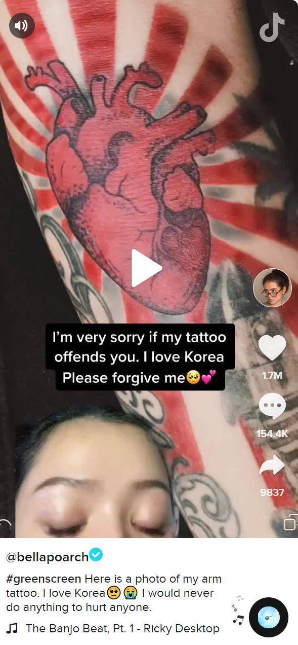 필리핀 인플루언서 벨라 포치가 틱톡에 올린 사과 게시물. 욱일기를 연상시키는 자신의 문신에 대해 사과하며 "나는 한국을 사랑한다"고 했다. /틱톡 캡처