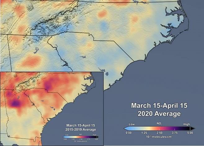 미국 동부의 올해 3월 15일부터 4월 15일까지 이산화탄소 농도 평균과 지난 2015년부터 2019년까지 같은 기간 이산화탄소 농도 평균을 비교했다. 올해는 코로나19로 이산화탄소 농도가 급격히 줄어든 것을 볼 수 있다. NASA 제공