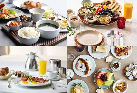 수도권 사회적 거리두기 강화로 뷔페 레스토랑 영업이 어려워졌다. 특급호텔의 뷔페 레스토랑 대부분이 한식·양식 일품요리로 손님을 맞고 있다. (왼쪽 위부터 시계방향으로) 반얀트리 스파 앤 서울, 몬드리안 서울, 서울신라호텔, 안다즈 서울 강남의 조식 상차림. [사진 각 호텔]