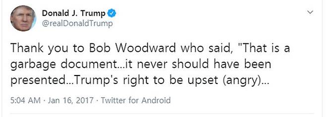 '트럼프 X파일'을 쓰레기라고 비난한 밥우드워드에게 트럼프 대통령이 전한 감사 인사