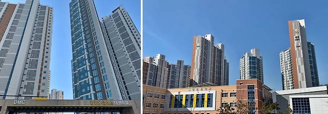 △DMC중흥S클래스더센트럴 정문(좌), 향동중과 DMC중흥S클래스더센트럴(우) [이미지 = 매경부동산센터]