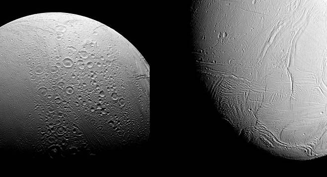 엔셀라두스의 북반구(왼쪽)와 남반구. 사진=NASA
