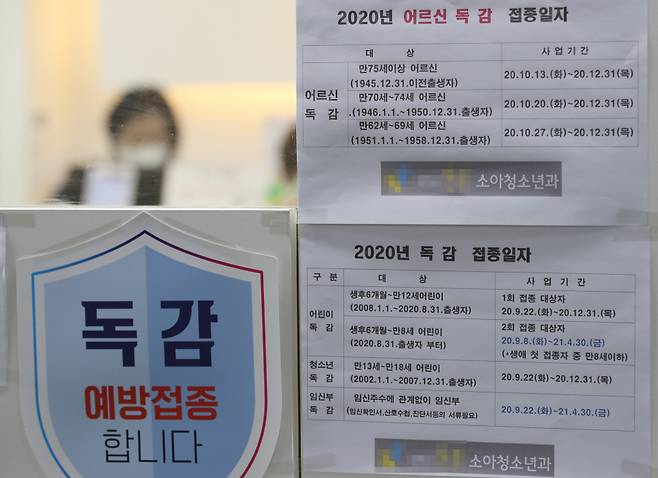질병관리청은 21일 인플루엔자(독감) 백신 유통 과정상에서 일부 문제가 발생해 무료 접종 일정을 일시 중단한다고 밝혔다. 사진은 한 병원에 붙은 무료 독감 접종 안내문 ⓒ연합뉴스