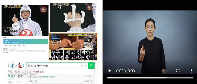 <스펀지>에서 소개된 수어 ‘산’(왼쪽). 오른쪽은 국립국어원 한국수어사전에 나온 수어 ‘산’.