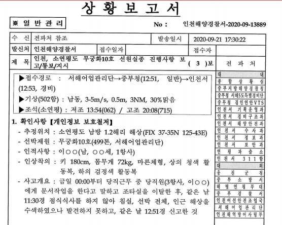 (서울=연합뉴스) 서해 북단 소연평도 인근 해상에서 실종됐다가 북한에서 피격돼 사망한 공무원 A(47)씨가 실종 직전 "문서작업을 한다"고 말한 뒤 사라진 것으로 확인됐다. 2020.9.25 [국민의힘 추경호 의원실 제공]