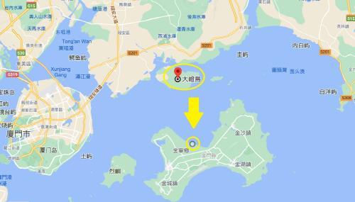 중국 다덩다오(위쪽 노란색), 진먼 룽커우 해안 [구글 지도 캡처]