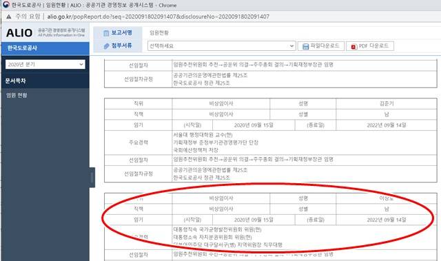 '민주당' 출신 이력이 당당히 기재된 한국도로공사 임원 주요 경력. /알리오 갈무리