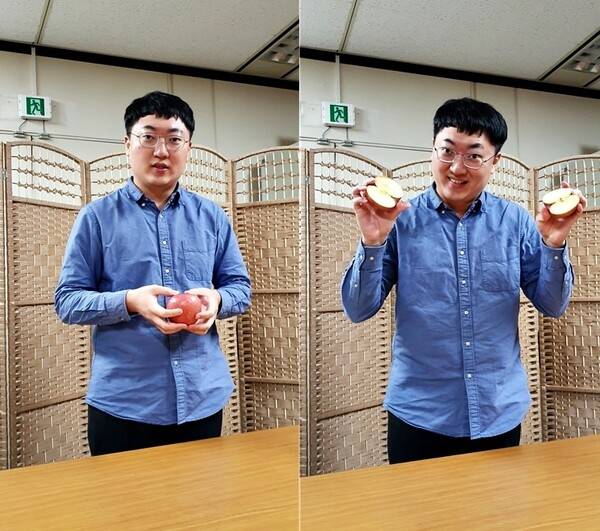 충주시가 지난 2월 사과 소비 촉진을 위해 글로벌 동영상 애플리케이션 플랫폼 ‘틱톡’과 함께 연 ‘사과 쪼개기 챌린지’에 출연한 김선태 충주시청 주무관.                                     충주시 제공