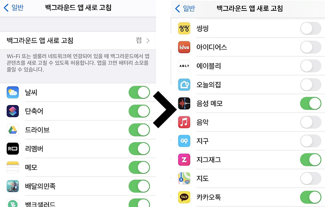자주 사용하지 않는 앱을 비활성화했다(오른쪽).