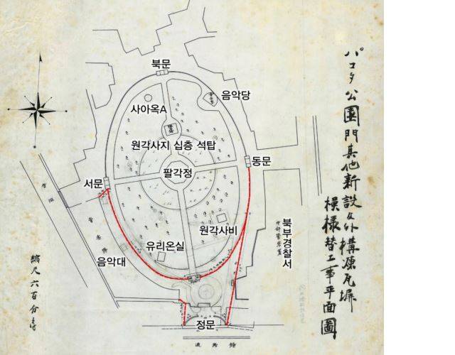 일게강점기 작성된 파고다공원 평면도. 거북이등껍질처럼 타원형으로 조성됐음을 알 수 있다.