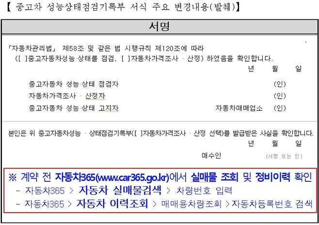 성능상태점검기록부 서명란 하단부에 정비이력·실매물 검색 방법이 표기돼 있다.© 뉴스1
