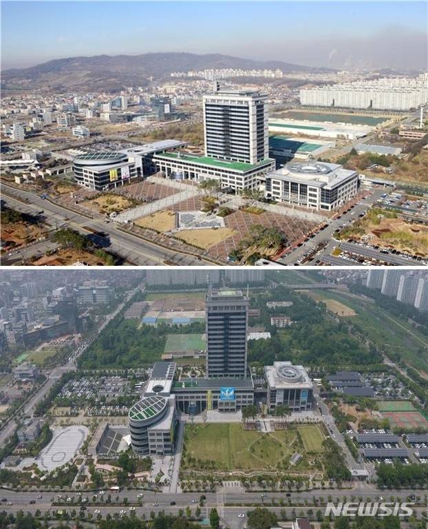 [전주=뉴시스] 김민수 기자= 전라북도청 광장 정비 전(위)과 후(아래) 모습. (사진= 최찬욱 도의원 제공) photo@newsis.com