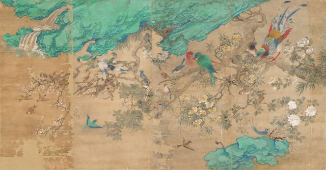 처음 공개된 경복궁 교태전의 부벽화. 교태전에 있던 벽화를 문화재 복원기술로 되살려 화려하면서도 고급스러운 색감의 화조도를 되살렸다. /사진제공=국립중앙박물관