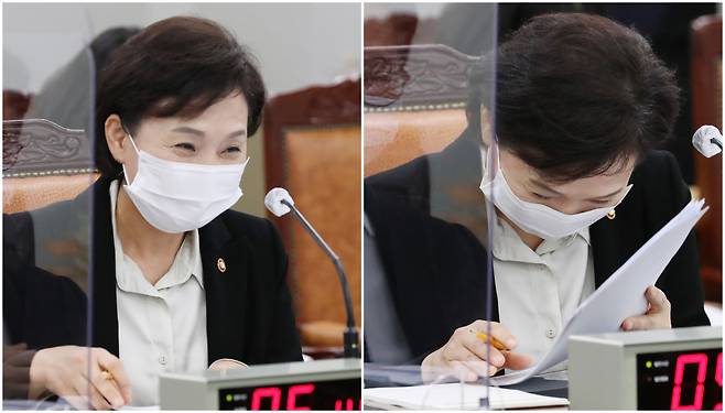 김현미 국토교통부 장관이 16일 오전 세종시 정부세종청사에서 열린 국회 국토교통위원회의 국토교통부, 행정중심복합도시건설청, 새만금개발청에 대한 국정감사에서 국민의힘 소속 송석준 위원이 준비한 가수 나훈아의 '테스형' 노래를 들으며 웃음 짓고 있다. [연합뉴스]