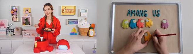 (좌)'어몽어스' 케이크와 (우)마카롱(사진=아리키친 유튜브, 에이로브스 유튜브 발췌).