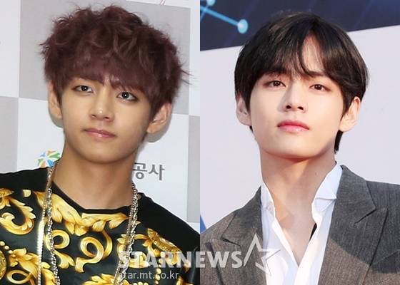 방탄소년단 뷔(BTS V). 왼쪽은 2013년 데뷔 당시 모습