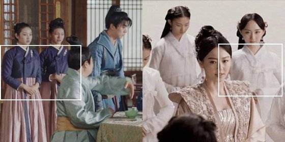중국 드라마 '소주차만행'(좌)과 '삼생삼세 십리도화'(우)에 등장한 한복과 유사한 양식의 치마저고리. [각 드라마 캡처]