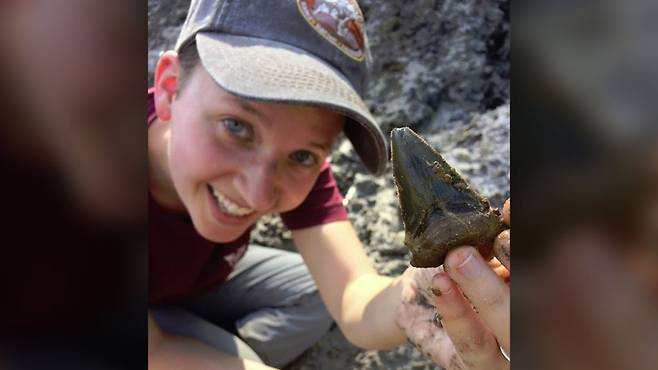 한 연구원이 자신이 발견한 고대 상어의 이빨 화석을 들어보이는 모습.(사진=로버트 보에세네커 박사 제공)