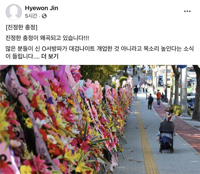 진혜원 서울동부지검 부부장검사가 대검찰청 앞에 줄지어 있는 윤석열 검찰총장 응원 화환을 비판했다. /진혜원 검사 페이스북