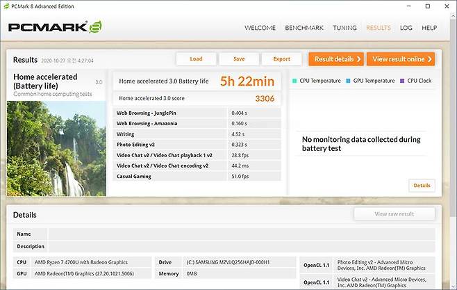 피시마크 8 : 배터리 라이프 실행 결과 5시간 22분의 연속 사용 시간이 확인됐다. 출처=IT동아