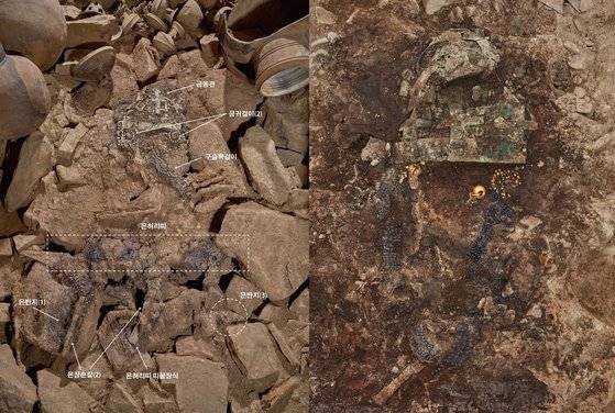 창녕 교동과 송현동 63호분에서 발굴된 비화가야 지배층의 착장 유물(왼쪽)과 지난 9월 경주 황남동의 신라 돌무지덧널무덤 120-2호분에서 나온 장신구 유물은 형태나 구성이 거의 같다. 비교 이해를 돕기 위해 문화재청 제공 사진을 나란히 합성했다. [중앙포토]