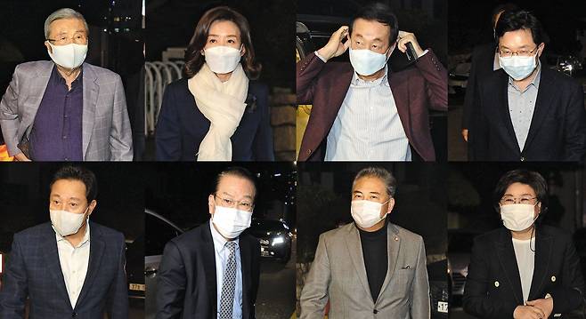 국민의힘 김종인(윗줄 맨 왼쪽) 비상대책위원장이 2일 서울 종로구의 한 식당에서 내년 서울시장 보궐선거 전략에 대한 의견을 수렴하기 위해 당 중진 정치인들과 만찬 회동을 가졌다. 윗줄 맨 왼쪽부터 시계 방향으로 김 비대위원장, 나경원, 김성태, 김용태, 이혜훈 전 의원, 박진, 권영세 의원, 오세훈 전 서울시장. /국회사진기자단