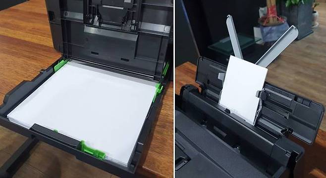 전면 하단의 표준 용지함(150매)과 후면의 다목적 용지함(80매)