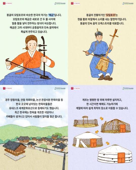 반크가 제작해 SNS에 배포하는 몽골 제대로 알기 카드뉴스 사진 위 왼쪽부터 시계방향으로 전통악기인 한국 해금과 몽골 모링호르, 몽골 게르와 한국 한옥. [반크 제공]
