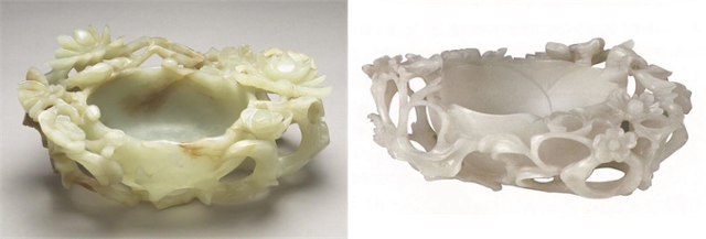 명나라 황실에서 사용된 높이 7㎝의 ‘청옥제규화형배(靑玉製葵花形杯)’(왼쪽 사진)와 ‘청옥제도화형배(靑玉製桃花形杯)’(오른쪽 사진). 대만 국립고궁박물원ㆍ북경 고궁박물원 제공